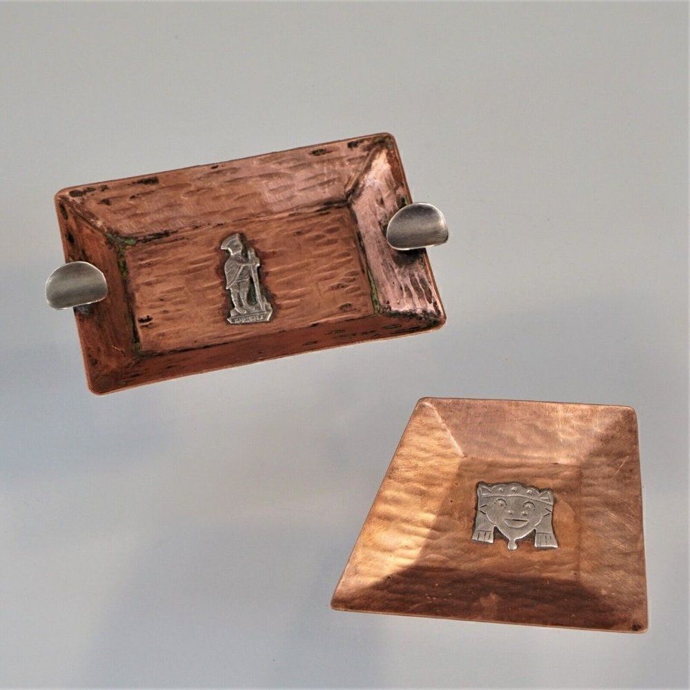 2 Small Ashtrays Vintage Copper  925 Sterling Silver Artist Signed Ash Tray Peru